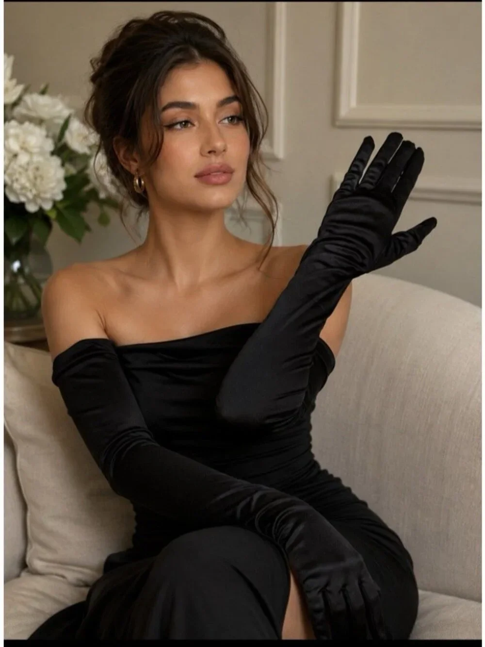 Lansian Women Opera Formal Length Long Gloves Onyx Black Over Elbow S M L NEW